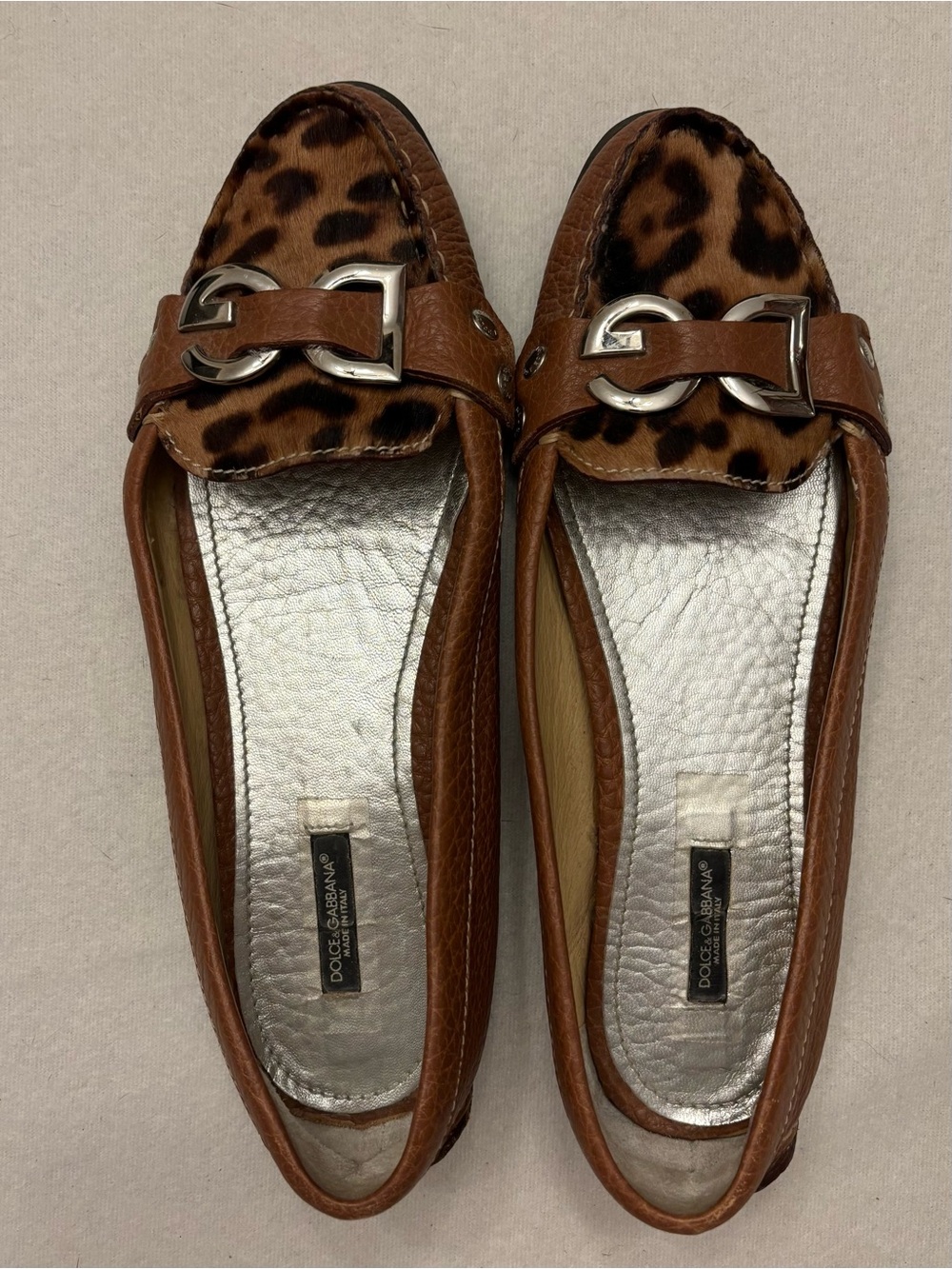Dolce & Gabbana Women’s Tan Leopard-Print Leather Loafers with Silver Hardware